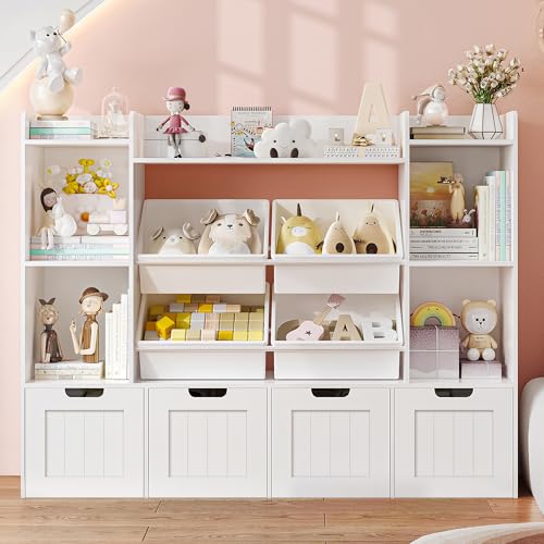 Toy Storage Organizer, Toy Organizer Kids Bookshelf with 4 Movable Drawers and 4 Box Bins, Playroom Organization and Storage for Kids Room