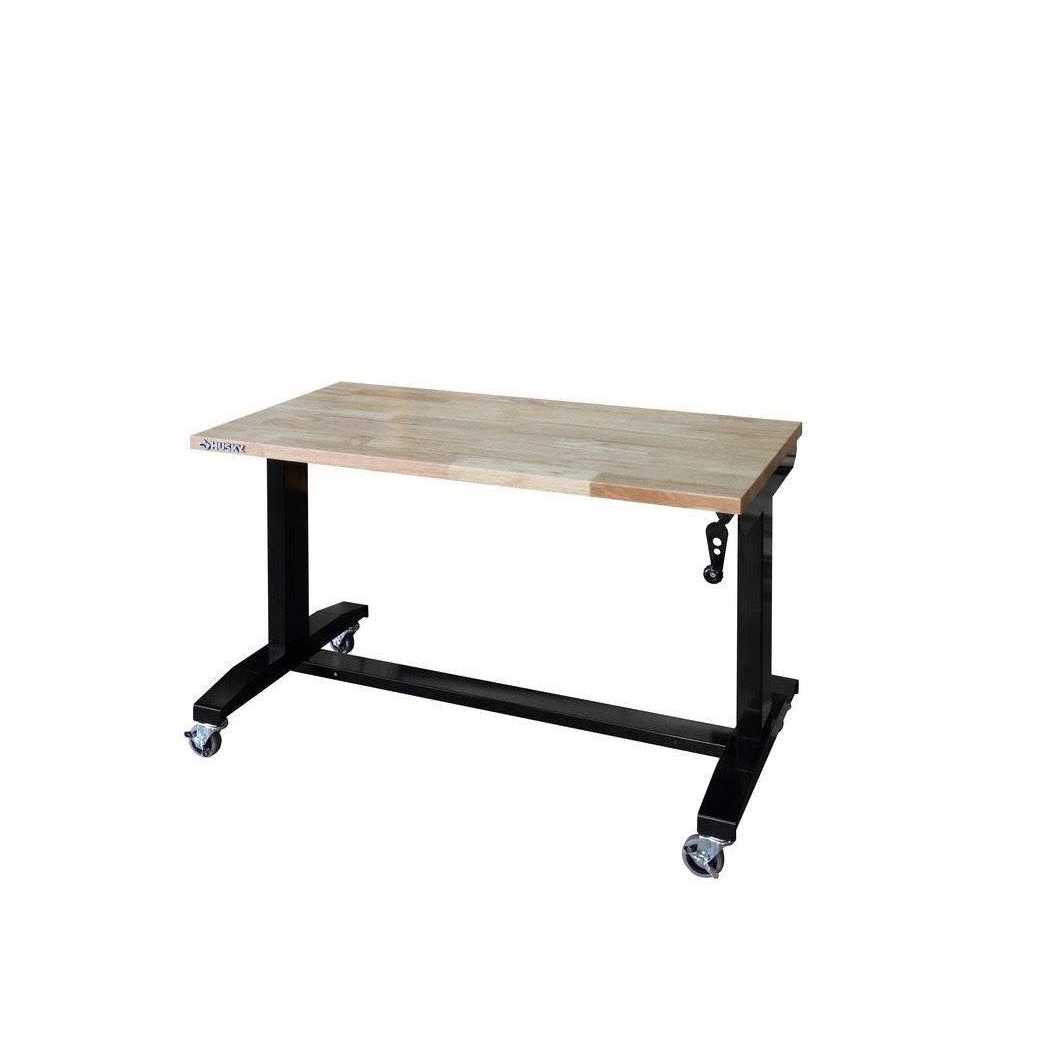 Husky HOLT46XDB12 46 in. W x 24 in. D Steel Adjustable Height Solid Wood Top Workbench Table in Black