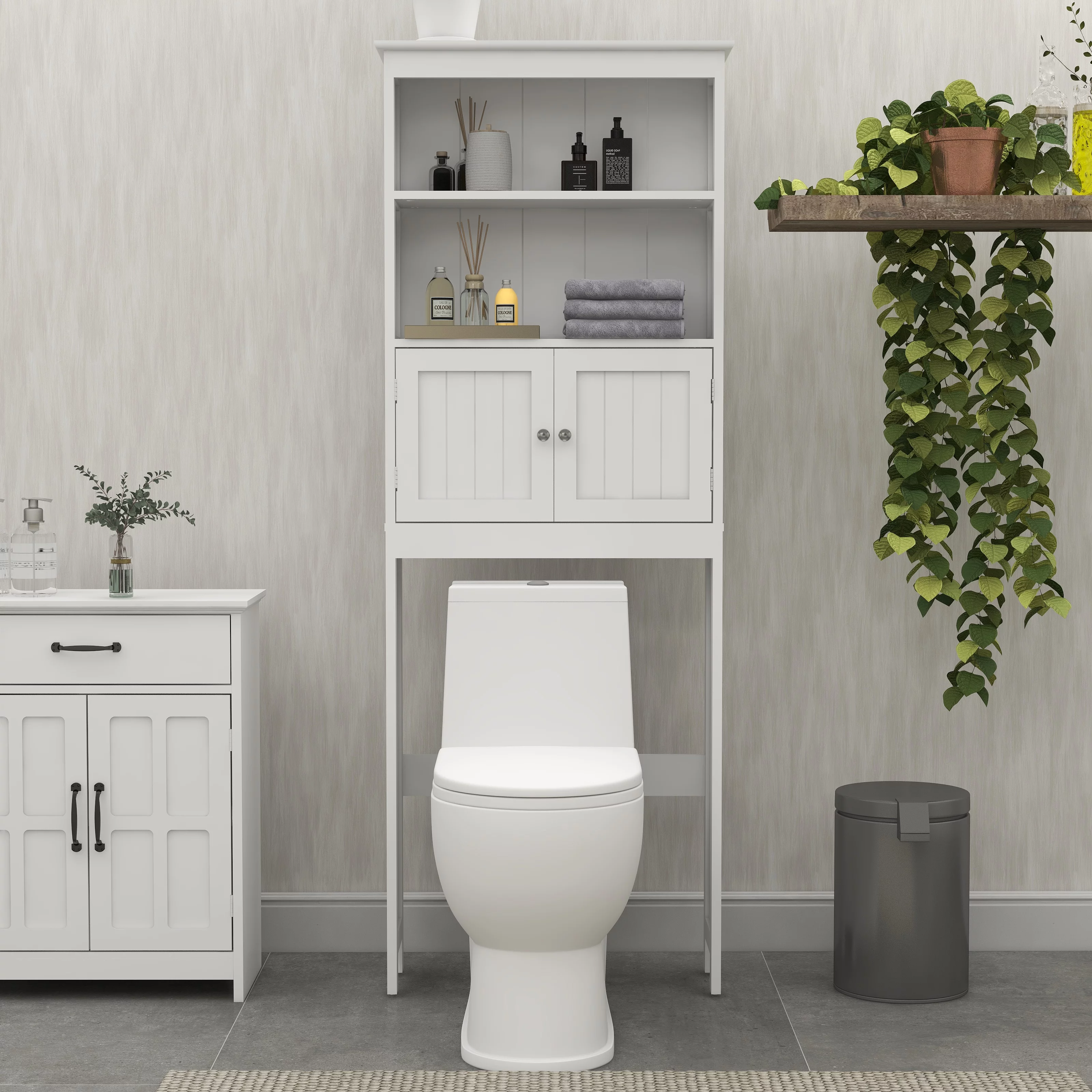 Over The Toilet Rack 2 -Tier Toilet Bathroom Spacesaver Storage Shelf with 2 Doors Wood Storage Organizer Cabinet for Bathroom Freestanding