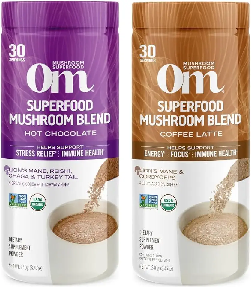 Om Mushroom Superfoods Hot Chocolate Blend Mushroom Powder, 8.47 Ounce and Coffee Latte Blend Mushroom Powder, 8.47 Ounce Bundle