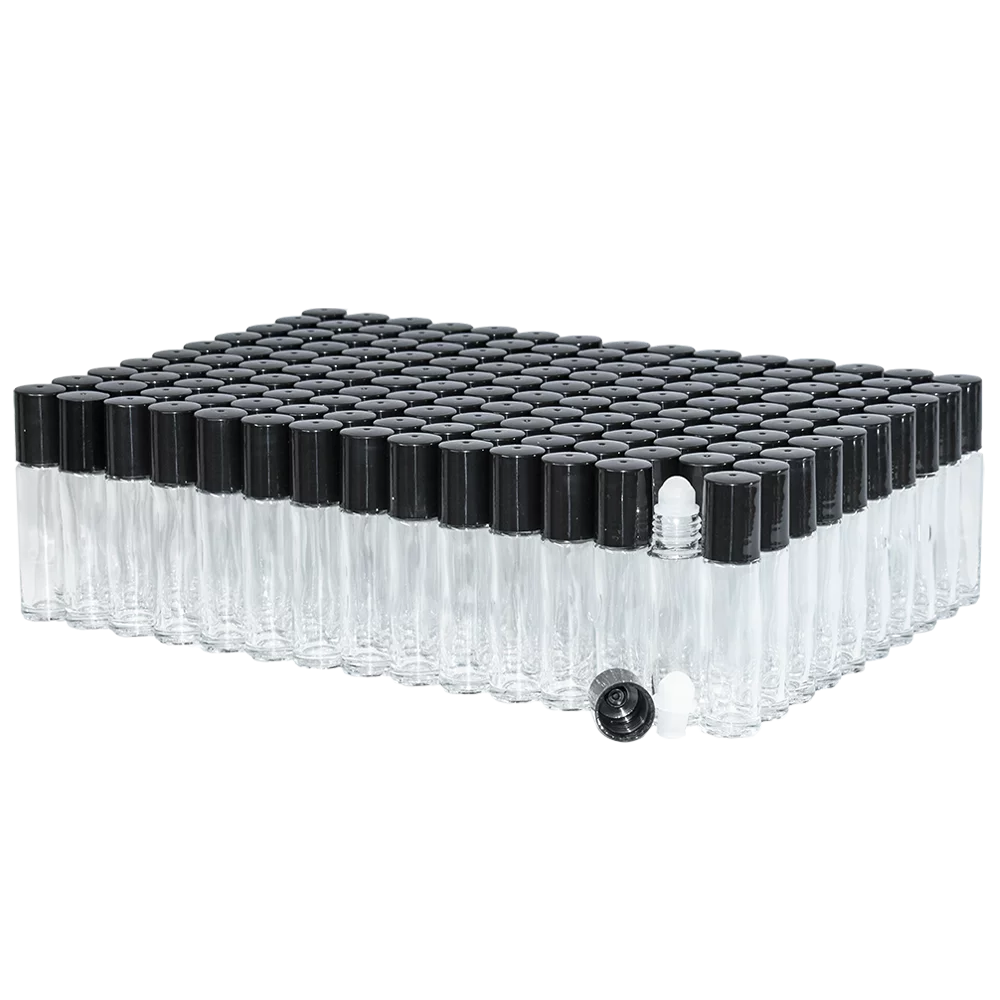 1/3 oz. (10 ml) Clear Glass Roll-on Bottle with Black Cap (Plastic Ball) (V3)