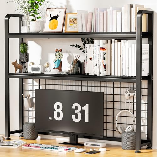 Desktop Bookshelf for Computer Desk, 2-Tier Multipurpose Wood Countertop Bookshelf, Wooden Desktop Bookcase