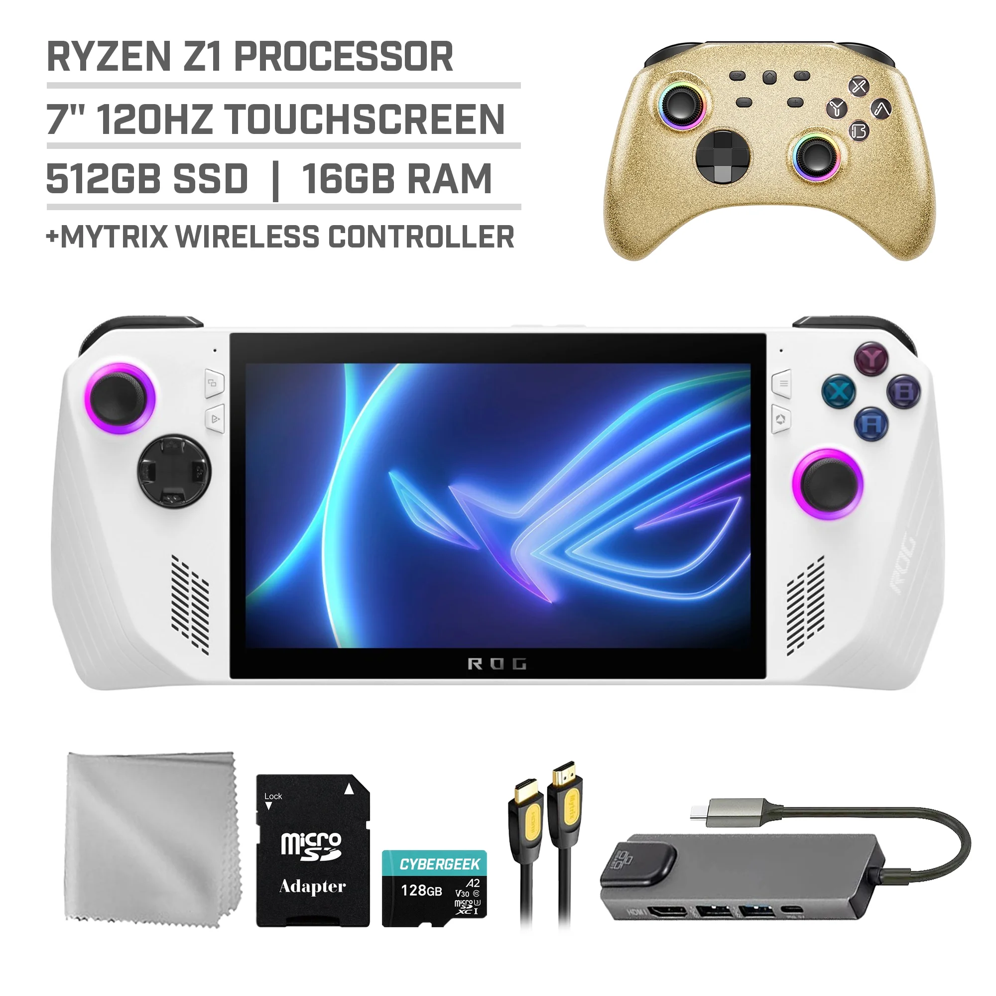 ASUS ROG Ally 512GB Gaming Handheld 7-inch Touchscreen 120Hz FHD 1080p AMD Ryzen Z1 Processor, Mytrix Gold Wireless Pro Controller, Hub