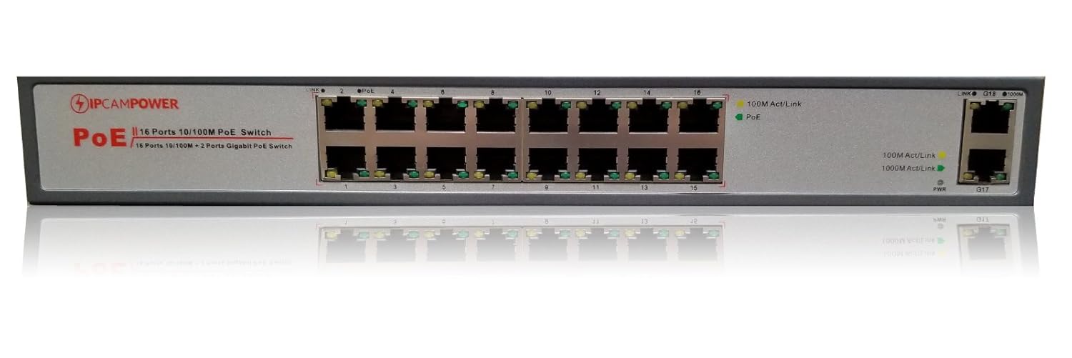 IPCamPower 16 Port POE Network Switch W/ 2 Gigabit Uplink Ports | Designed for IP Cameras | POE+ Capable of Pushing 30 Watts per Port | 200 Watts