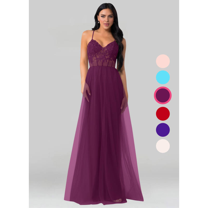 Azazie A-Line/Princess V-Neck Floor-Length Tulle Bridesmaid Dresses - Raspberry