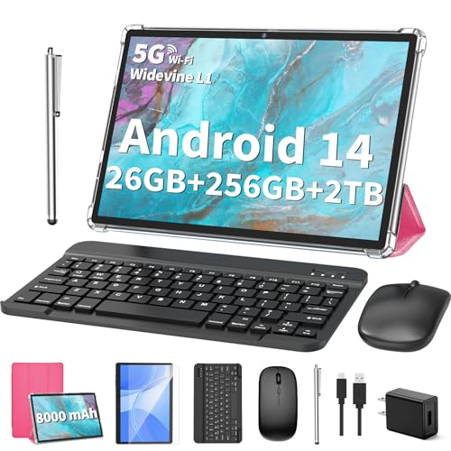 2025 Tablet, Android 14 Tablets 10 inch with Keyboard, 26GB RAM+256GB ROM(2TB Expand), 2-in-1 Tablets with 8-Core, 8000mAh, 5G WiFi, Widevine L1, GMS