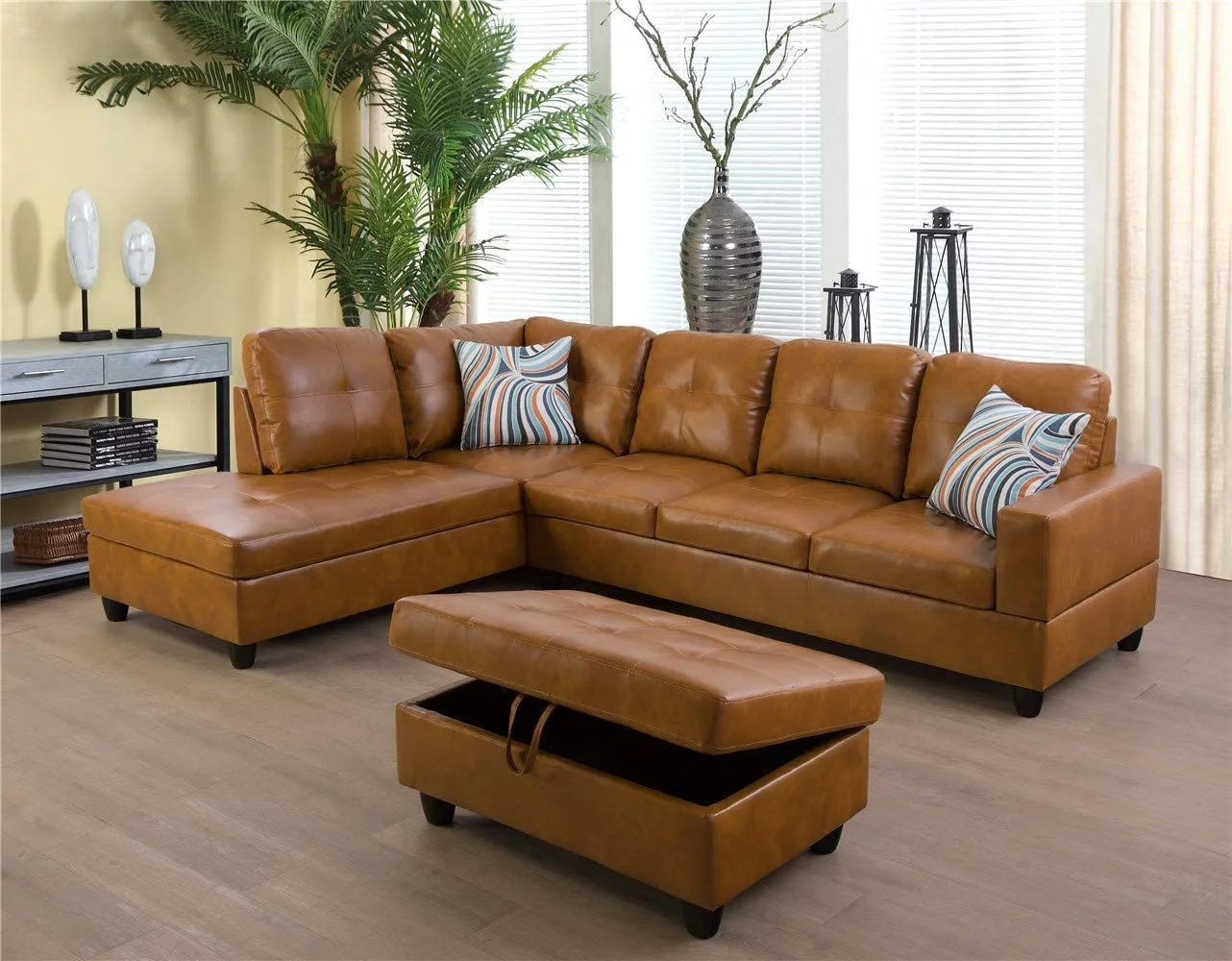 PonLiving Furniture Caramel 103.5'' Sectional Sofa with Storage Ottoman, Right & Left Hand Facing, Leather Upholstered