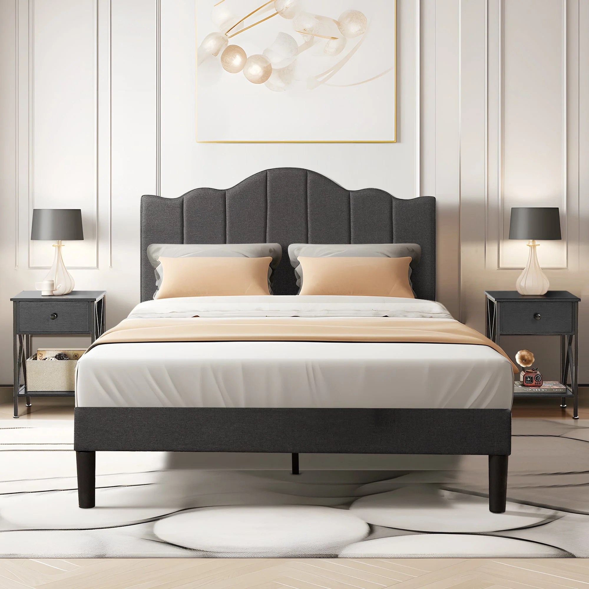 VECELO 3-Piece Bedroom Sets Upholstered Bed Frame and 2 Brown Nightstand