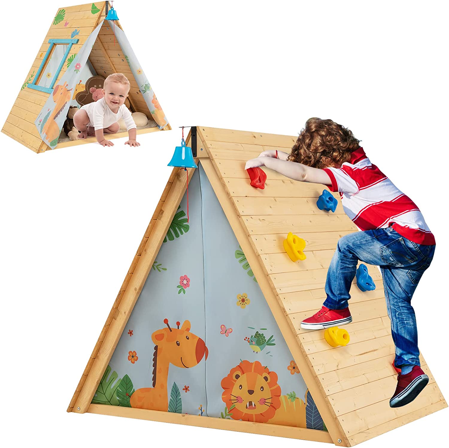 Triangle Climber with Tent, Kids Hideaway Play Tent & Rock Wall Climbing, Waterproof Tent Cover for Indoor Outdoor, Ring Bell