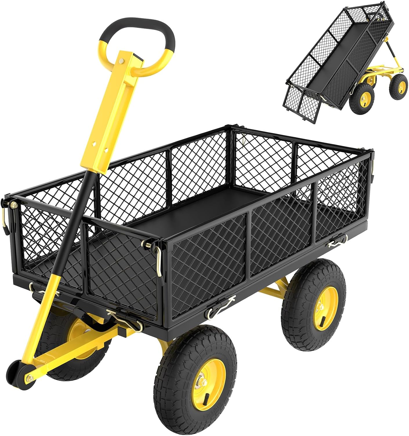 Garden Cart, Heavy Duty 900 Lbs Capacity Mesh Steel Garden Dump Cart, Folding Garden Wagon with Removable Mesh Sides