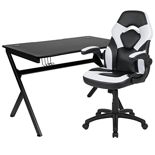 Flash Furniture Optis Red Gaming Desk and Blue Reclining Gaming Chair Set with Cup Holder and Headphone Hook