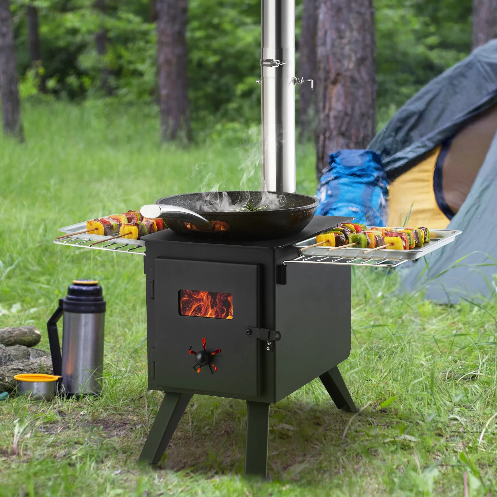 BENTISM Portable Wood Stove Camping Hot Tent BBQ Stove 86 in for Outdoor w/ Pipes