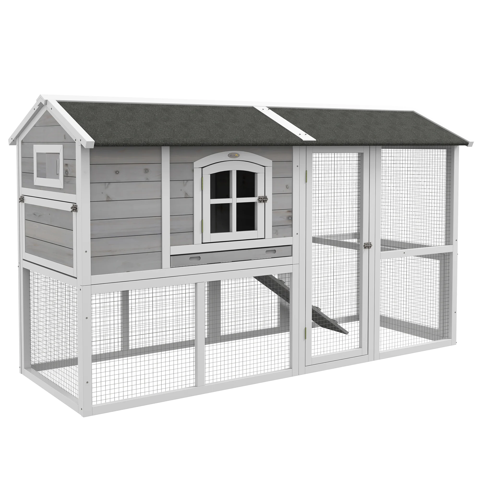 PawHut Wooden Chicken Coop with Run, Tray, 77.5" x 32.5" x 46", Gray - Curated Treasures Market