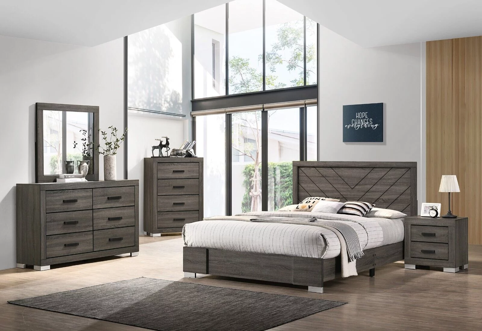 Classic Contemporary Unique 4pc Bedroom Furniture Queen Size Bed Dresser Mirror Nightstand Crafted Design Bedframe