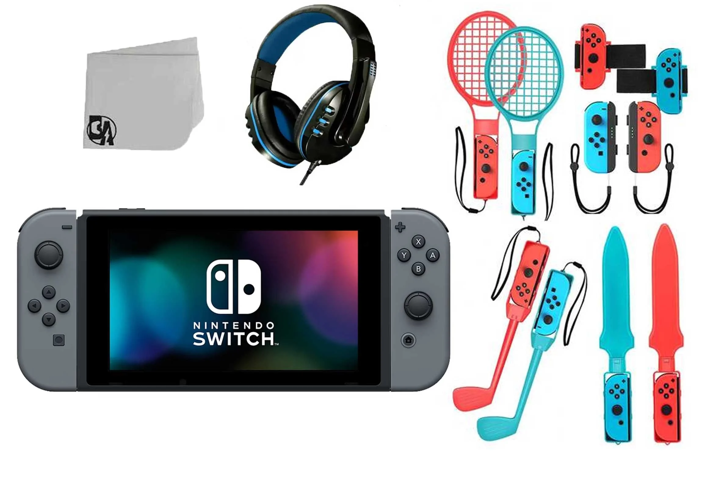 Nintendo Switch Gray & Gray Joy Con with HeadSet Bolt Axtion Bundle Accessories Used