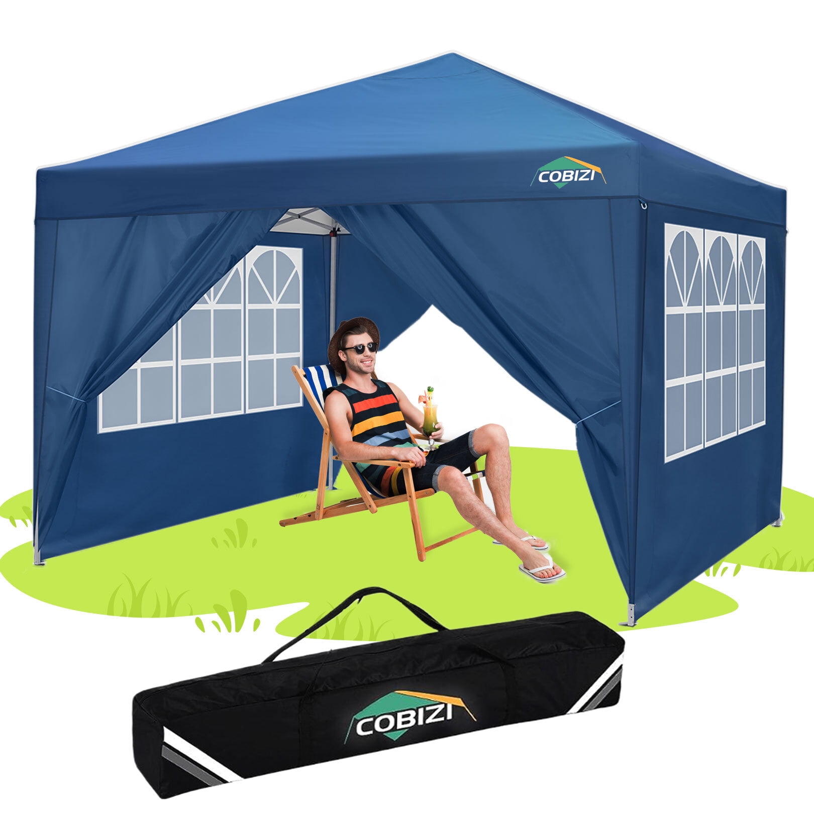 COBIZI 10'x10' ft Popup Canopy Waterproof Canopy with 4 Sidewalls Outdoor Commercial Instant Shelter Beach Camping Canopy Tent for Party, Blue