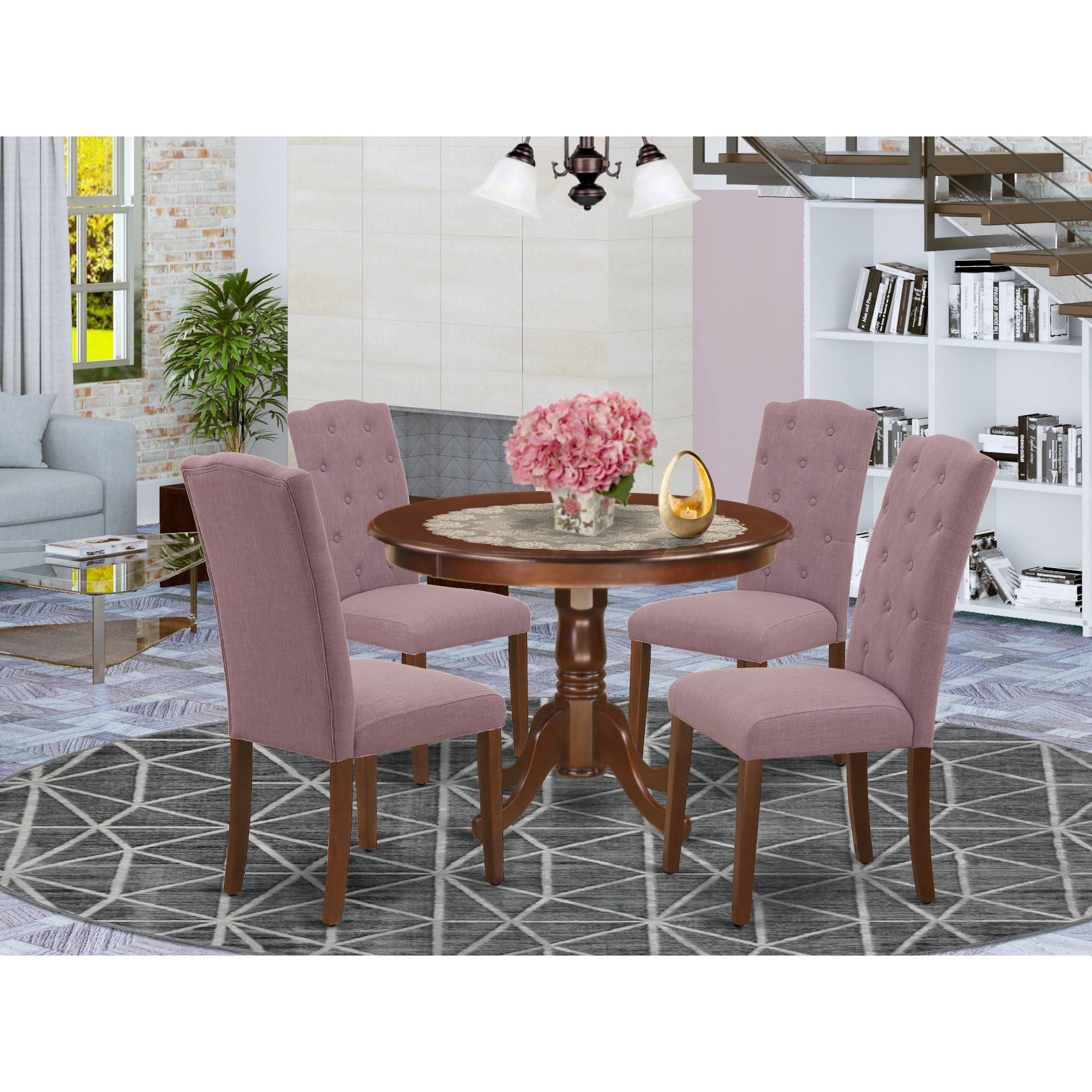 East West Furniture Hlce5-mah-10 5pc Dining Set Includes A Round Dinette Table and Four Parson Chairs with Dahlia Fabric, Mahoga