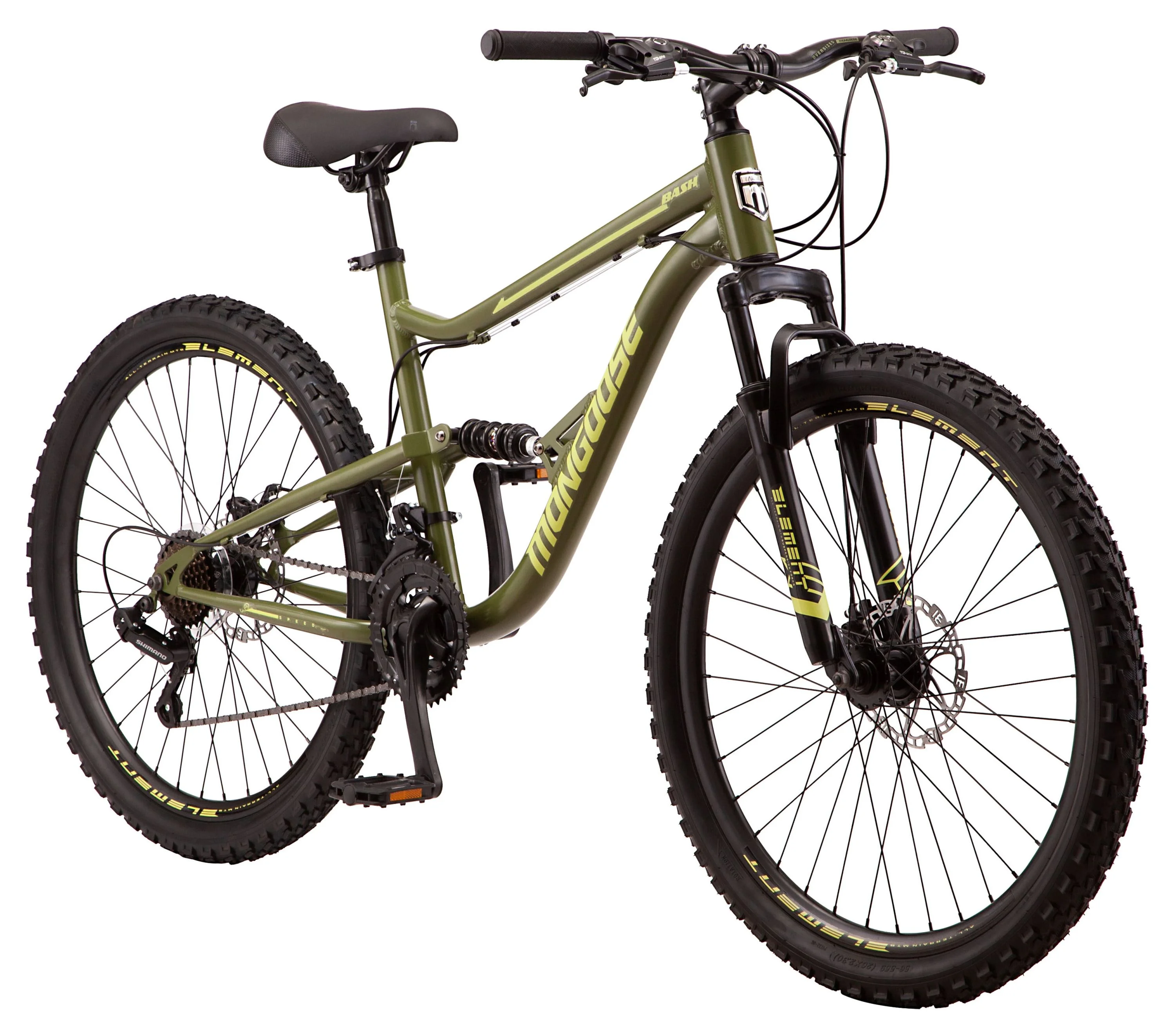 Mongoose Bash Suspension mountain bike, 21 speeds, 26-inch wheels, green - Radiant Selections