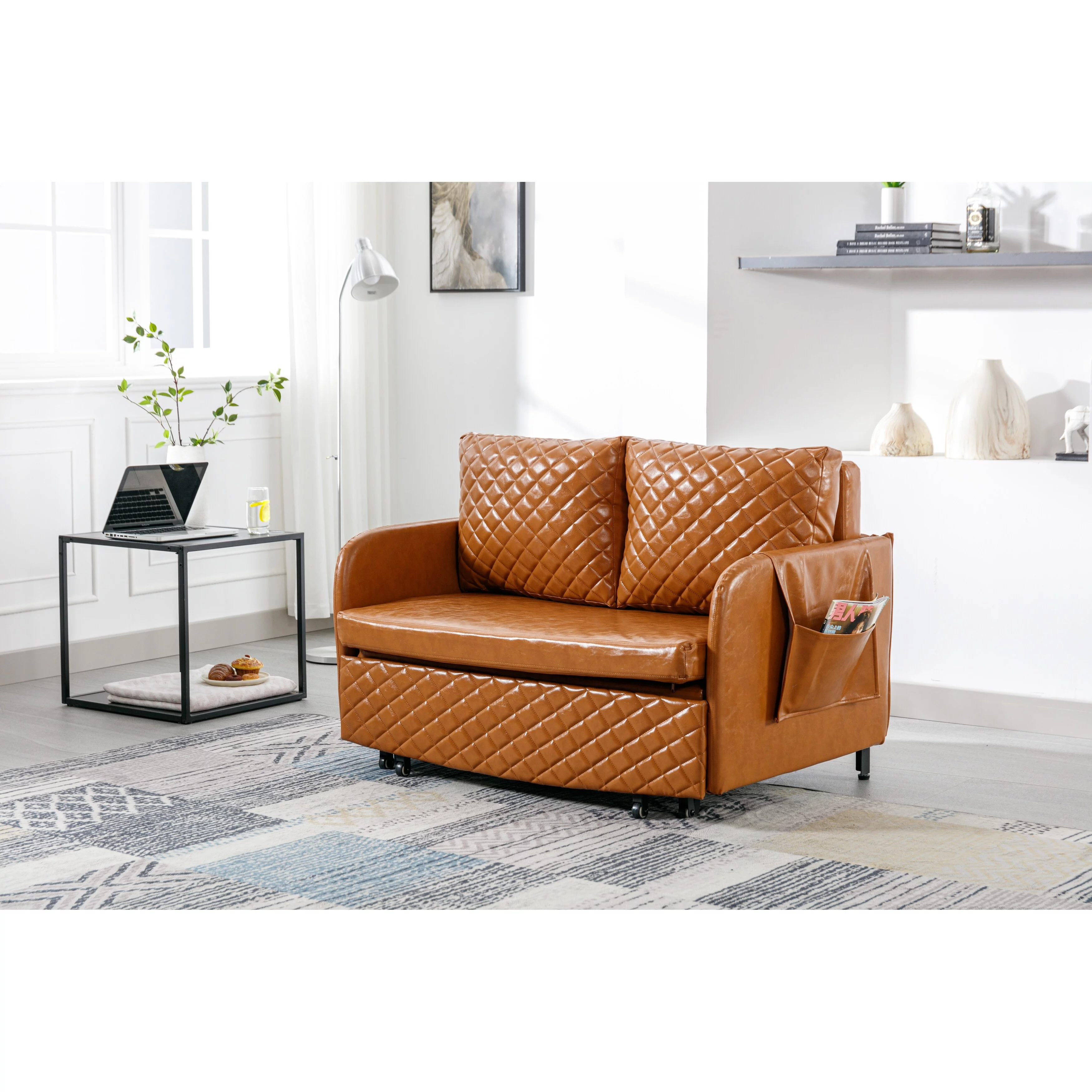 47.64" Modern Convertible Sleeper Loveseat Sofa Bed with Headboard, Pull-Out Function, 2 Pillows, and Side Pockets