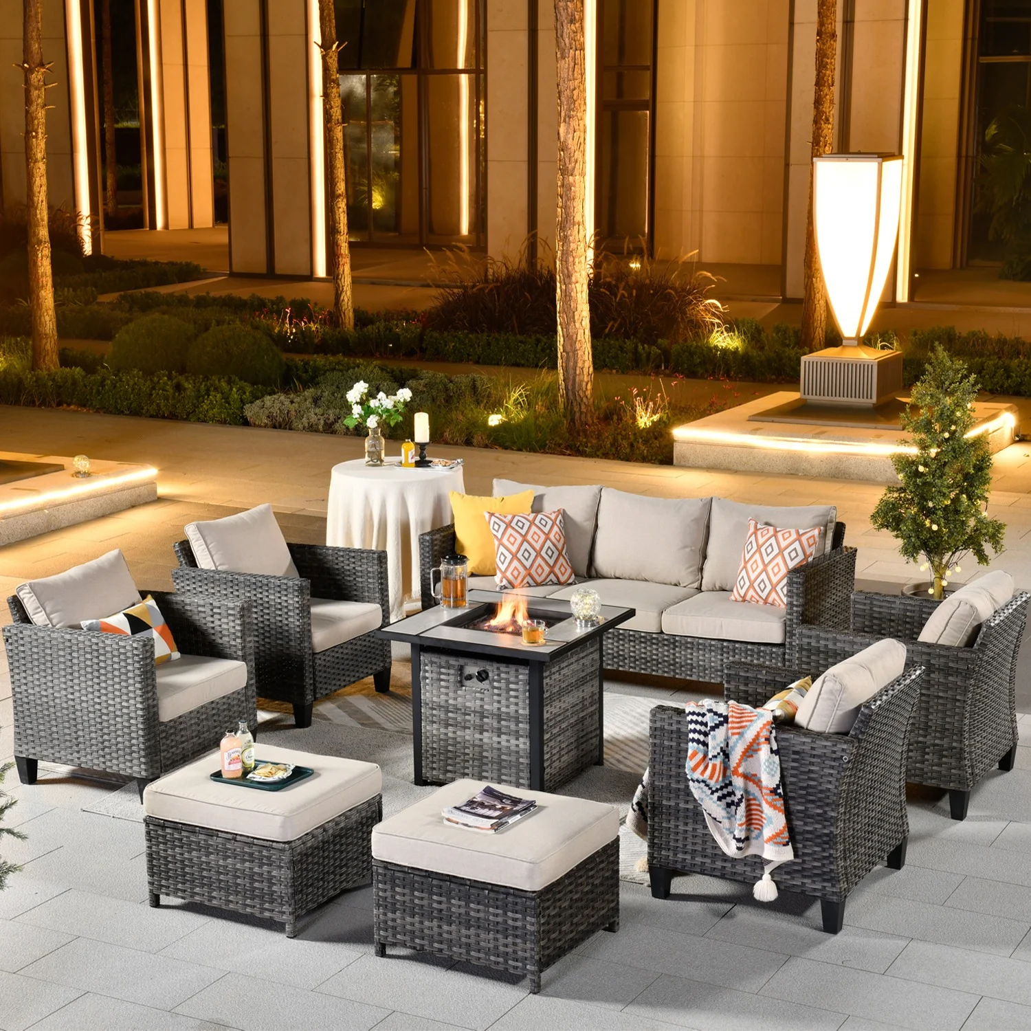 Ovios 8 Pieces Patio Outdoor Furniture Grey Conversation Set Outdoor Sectional Sofa with Gas Fire Pit CSA Approved - Radiant Selections