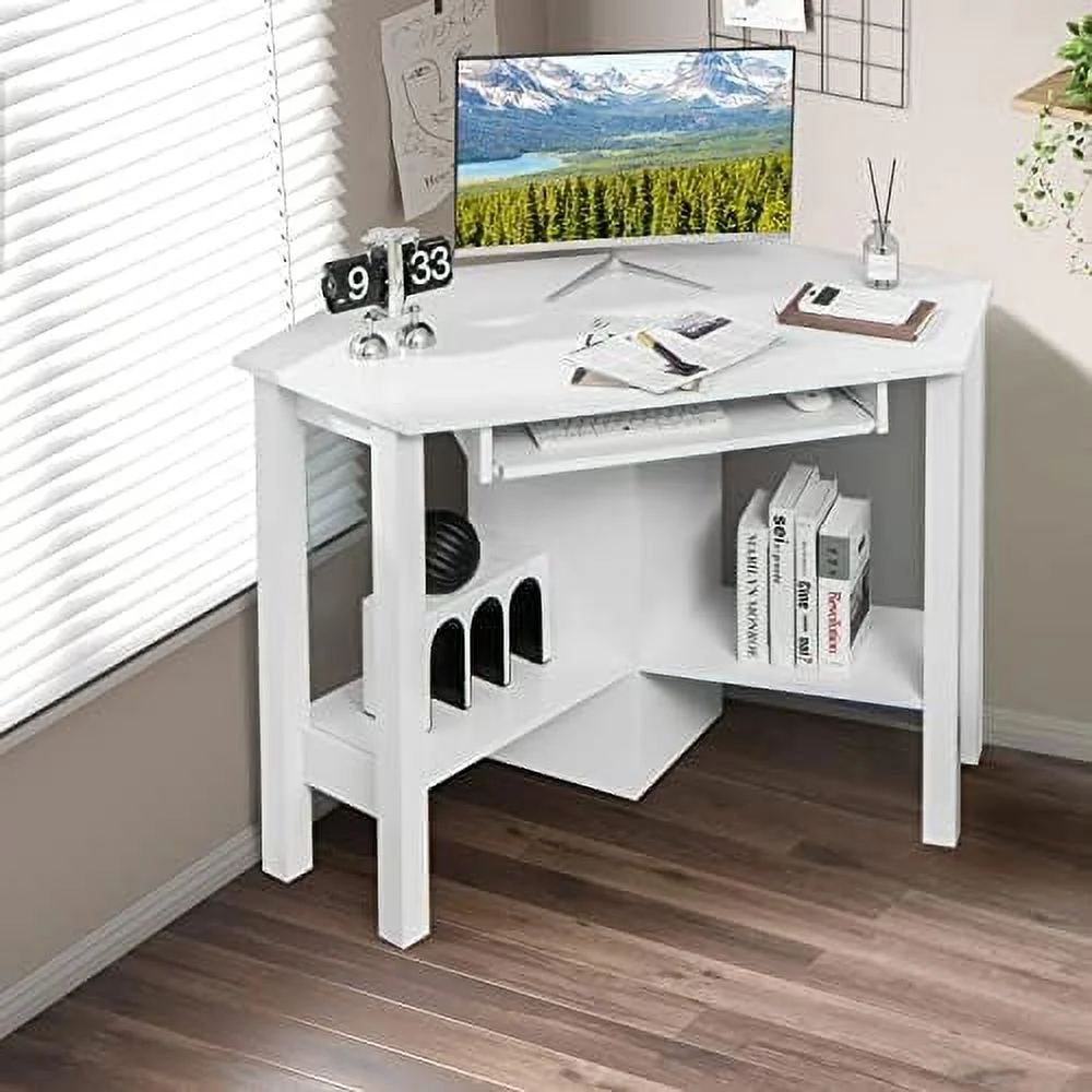 YZboomLife Corner Computer Desk  Triangle Corner Desk with Keyboard Tray and  Shelves  Compact Corner Writing Desk  Work Desk for Home Office  Small