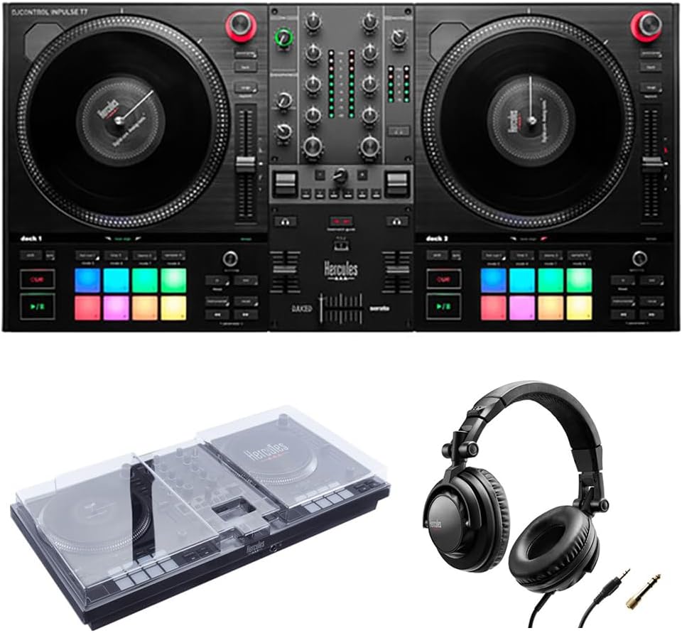 Hercules DJControl Inpulse T7 2 Deck Motorized DJ Controller with built in STEMS Control Bundle with DJControl Inpulse T7 Cover and Hercules HDP DJ45