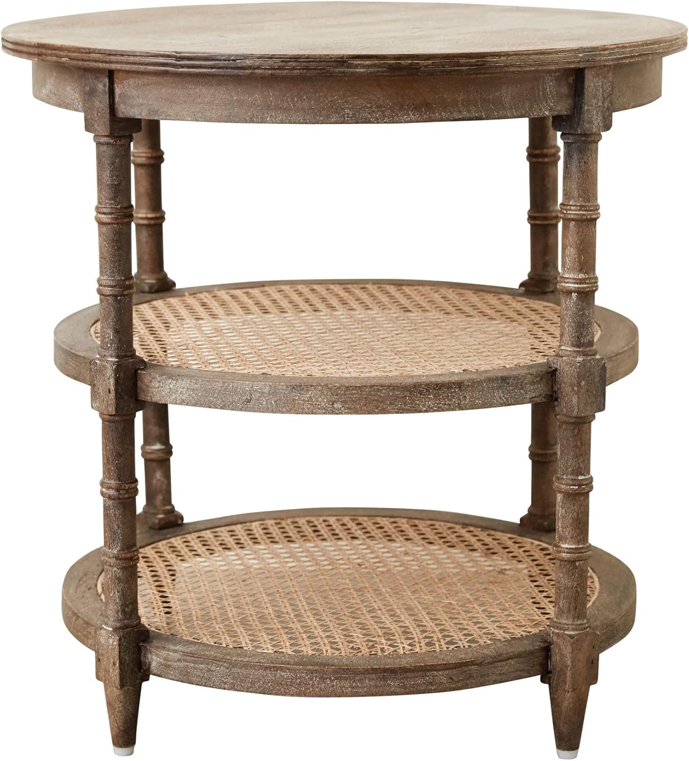 Creative Co-Op Round Mango Wood Table with Two Cane Shelves, Brown