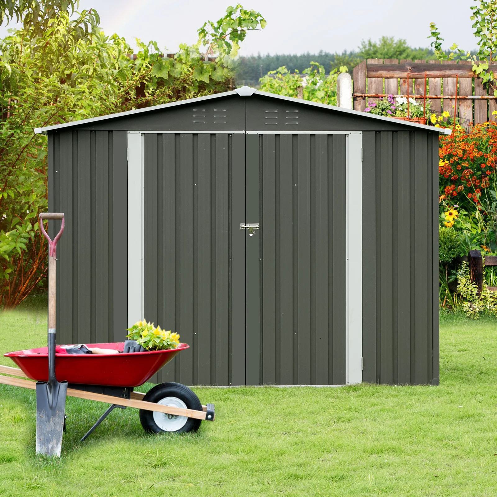 JBLCC 8' x 6' Outdoor Storage Shed Galvanized Metal Shed with Air Vent and Large Size Door, Waterproof Tool Storage Shed