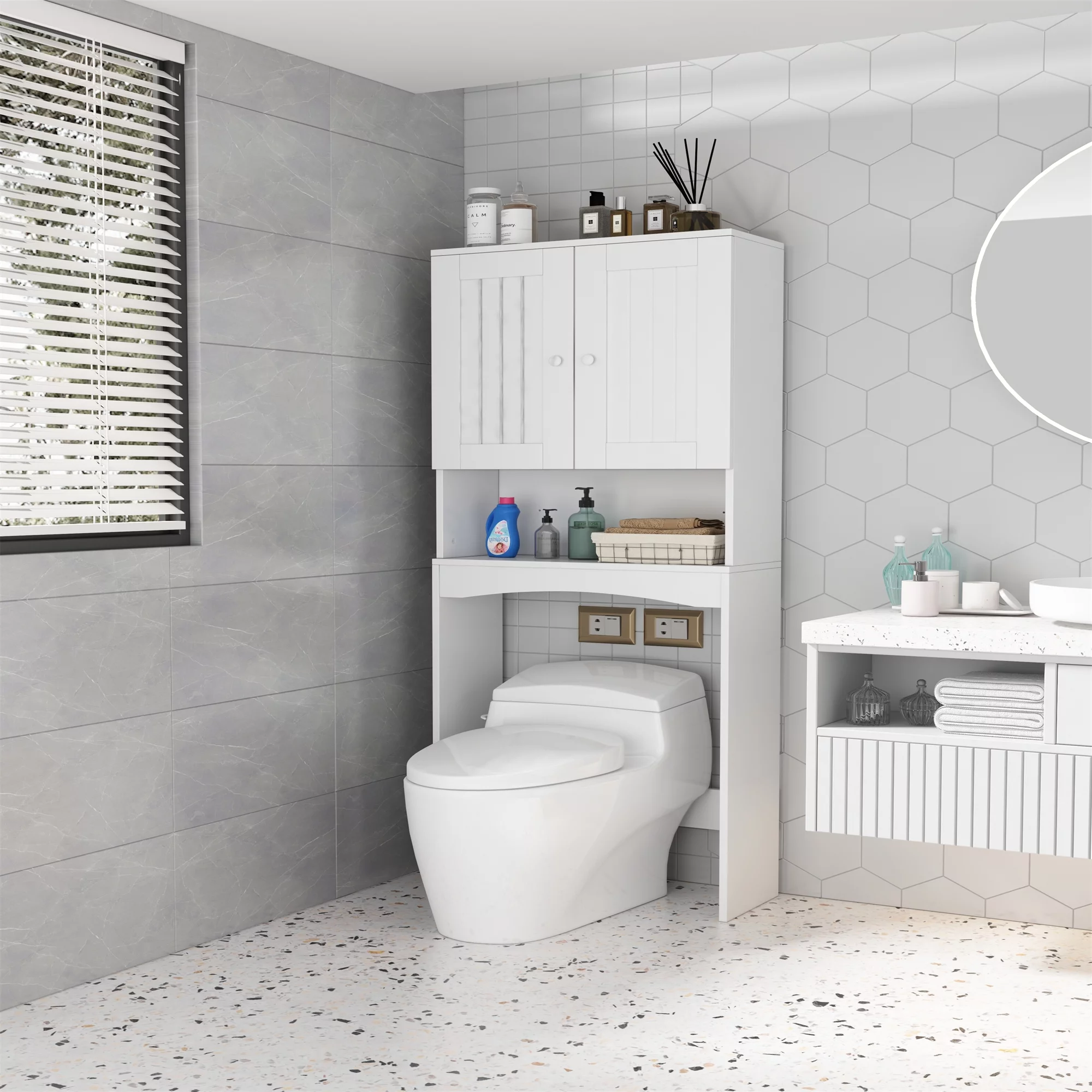 Home Bathroom Shelf Over The Toilet, Bathroom Cabinet Organizer Over Toilet, Space Saver Cabinet Storage,White