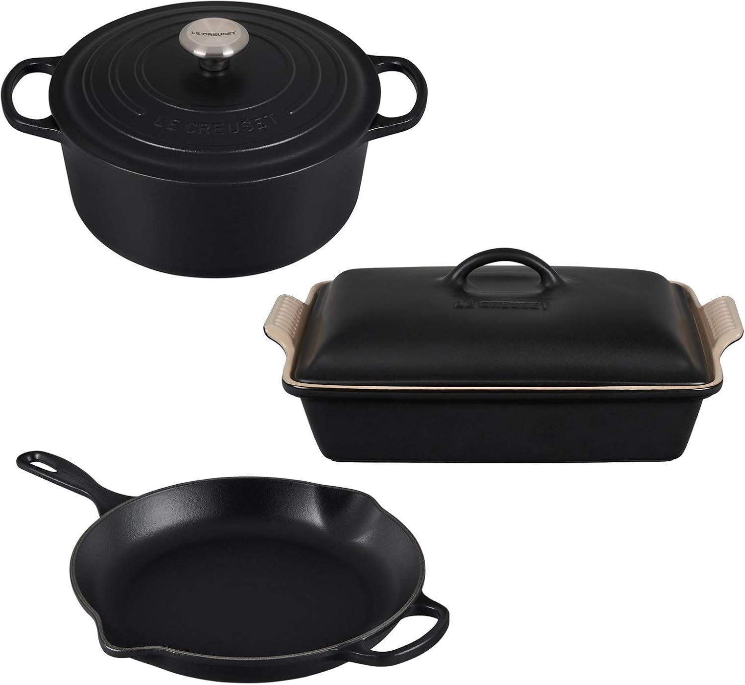 Le Creuset 5.5-QT Dutch Oven & Lid Cookware Set Bundle with 11 3/4 Signature Skillet, and 4-QT Rectangular Casserole Dish & Lid - 5-Piece, Licorice