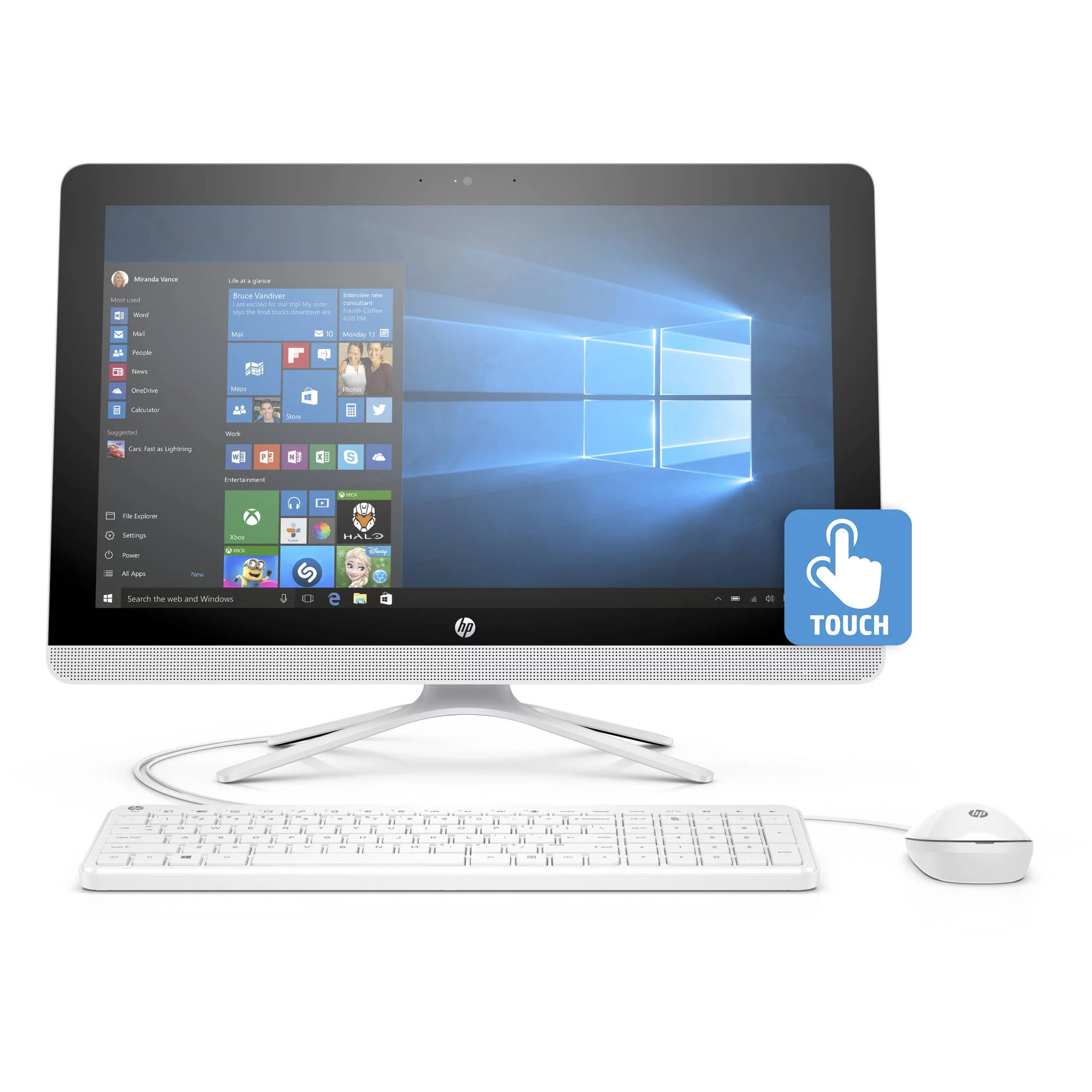 HP 22-b013w Snow White All-in-One PC with 21.5" Full HD IPS Touch Display, Intel Pentium J3710 Processor, 4GB Memory
