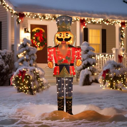 MUPATER 5FT Outdoor Lighted Nutcracker Christmas Decoration, Nutcracker Soldier Holiday Decor Set with Drum, Ground Stakes and Zip Ties