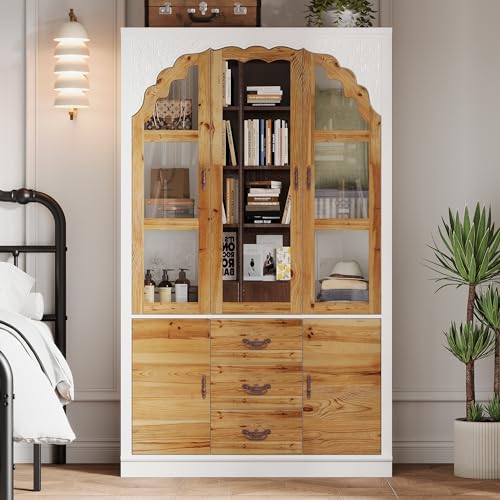 Large Armoire Wardrobe with 5 Wood Doors, 5 Closed Shelves, 1 Hanging Space, 1 Mirror, 2 Shoes Storage Space, 3 Drawers for Bedroom