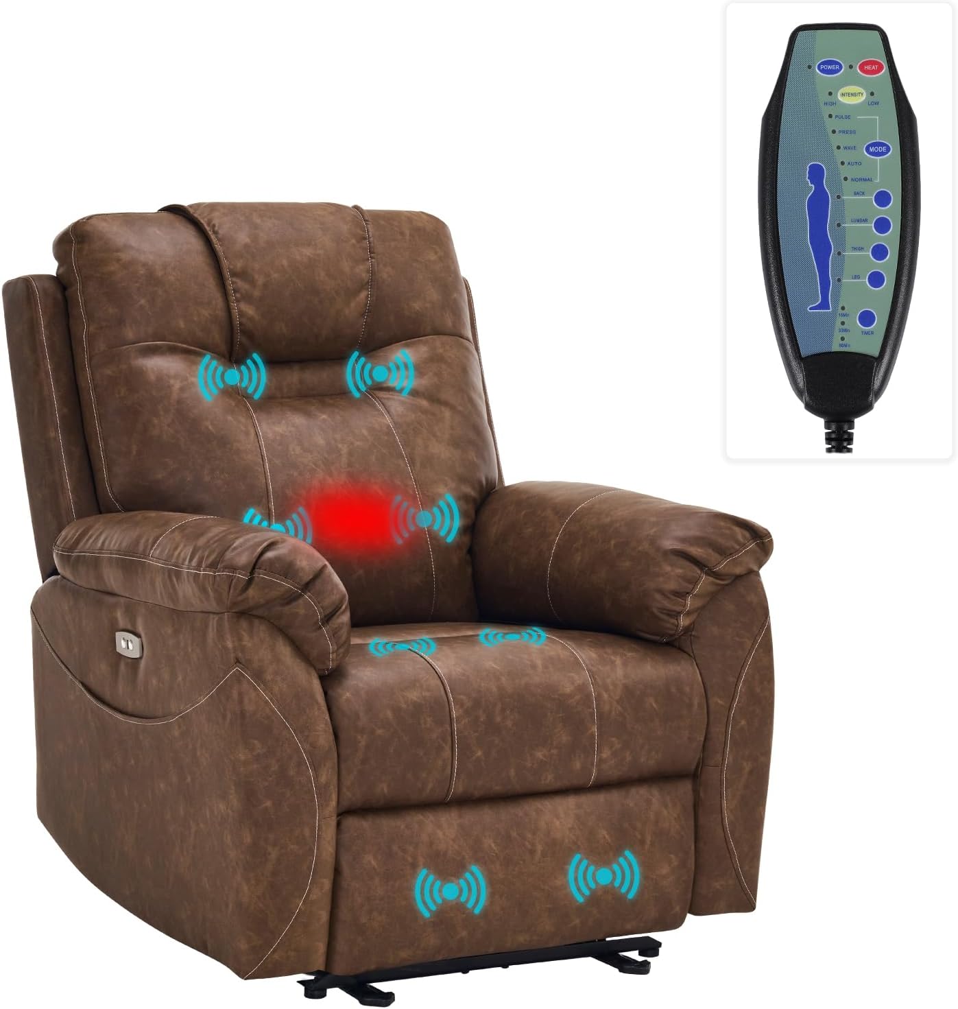 Electric Recliner with Heat & Massage, Leather Recliner Chair with Extended Footrest, Wall Hugger Recliners