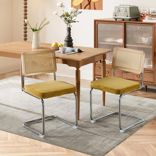 SoarFlash Velvet Dining Chair Set of 2 Modern Upholstered Kitchen Chair with Natural Cane Back, Stainless Chrome Base for Dining Room, Club(Green)