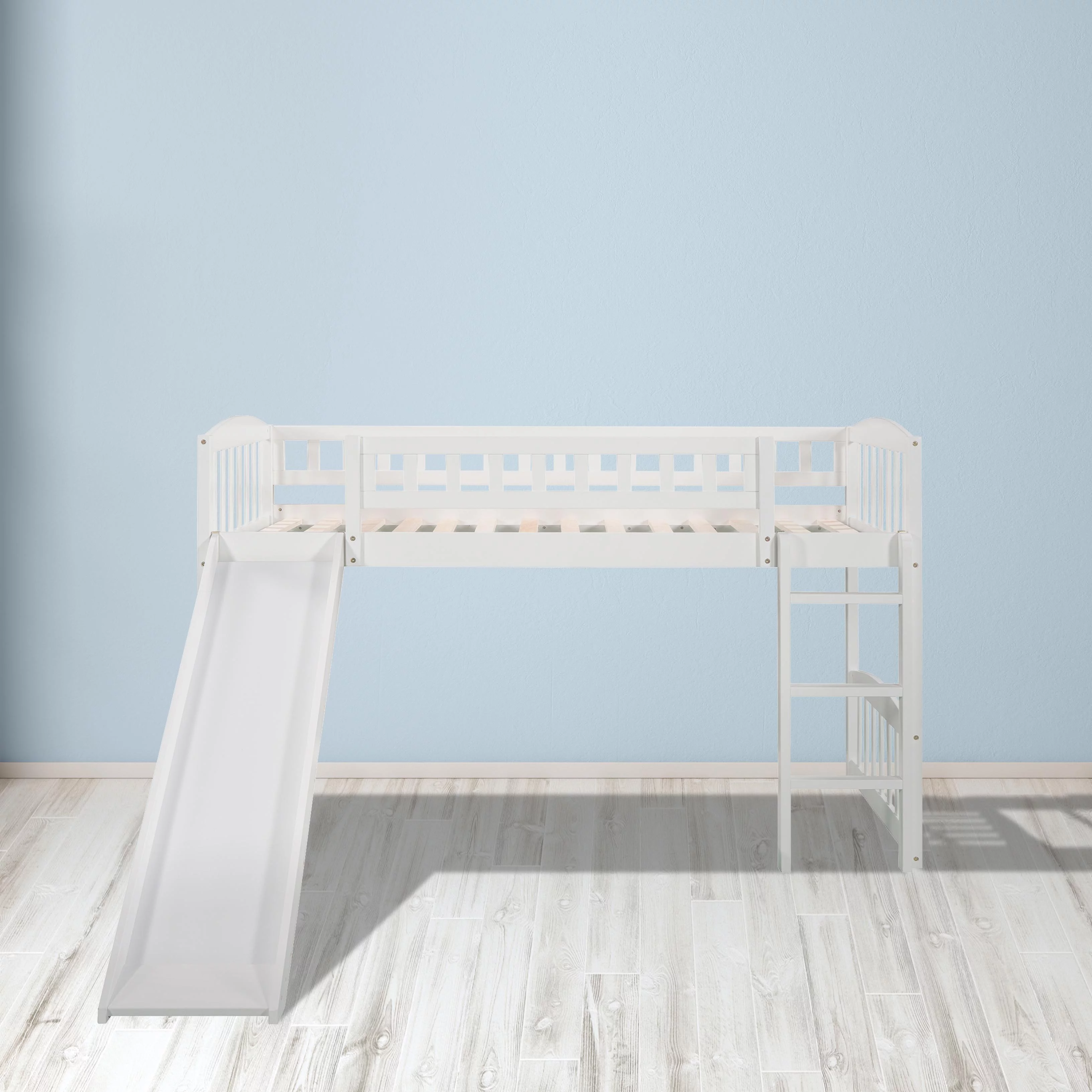 Double loft bed with slide and ladder, white works well with a variety of decor styles, allowing you to easily elevate and enhance your space