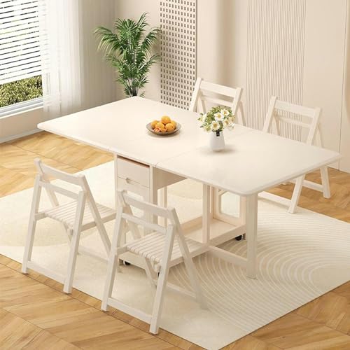White Folding Dining Table, Wooden Drop Leaf Kitchen Table with 4 Brake Wheels, Drawers, Storage Cabinet