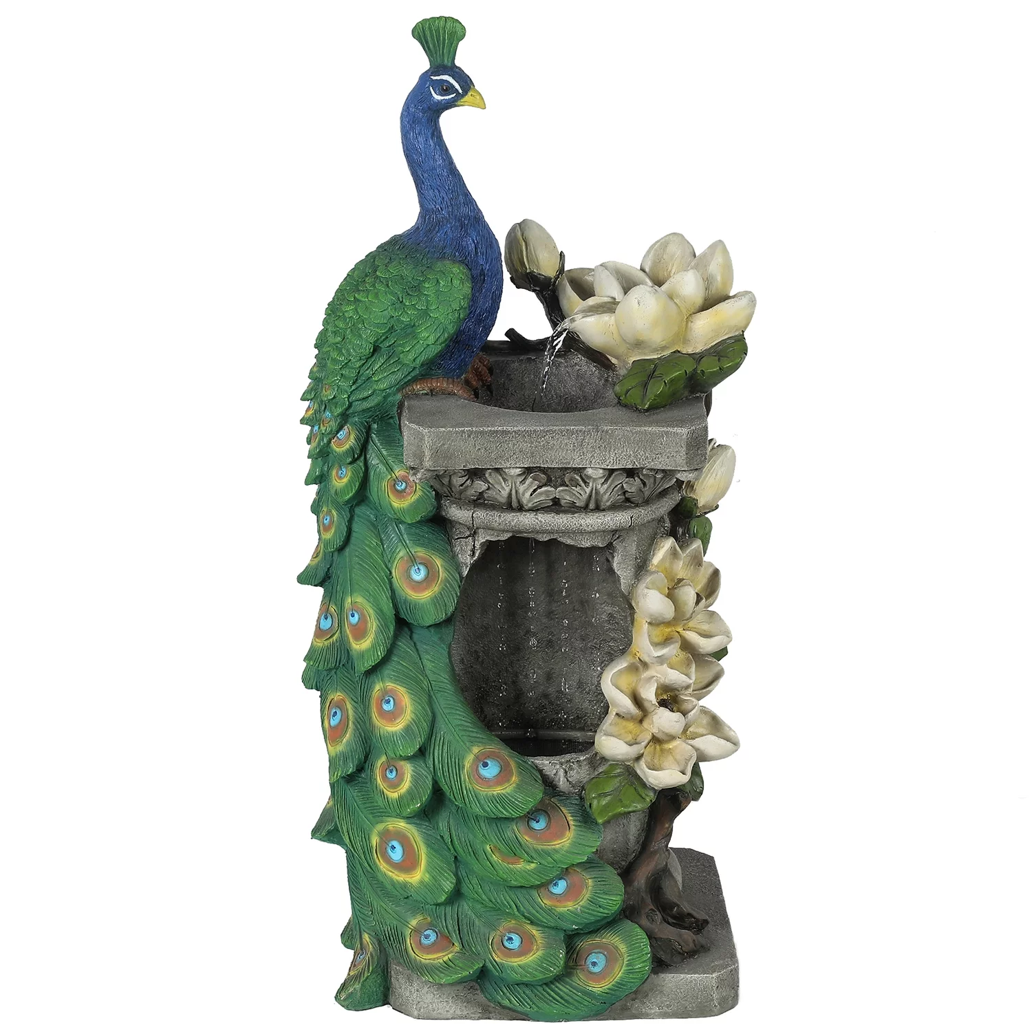 Resin Blue and Green Peacock Outdoor Fountain with LED Light - Radiant Selections