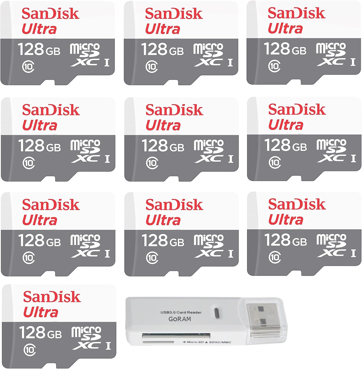 SanDisk 128GB Ultra (10 Pack) MicroSD Class 10 100MB/s Micro SDXC Memory Card for Smartphone SDSQUNR-128G Bundle with (1) GoRAM Reader (128GB