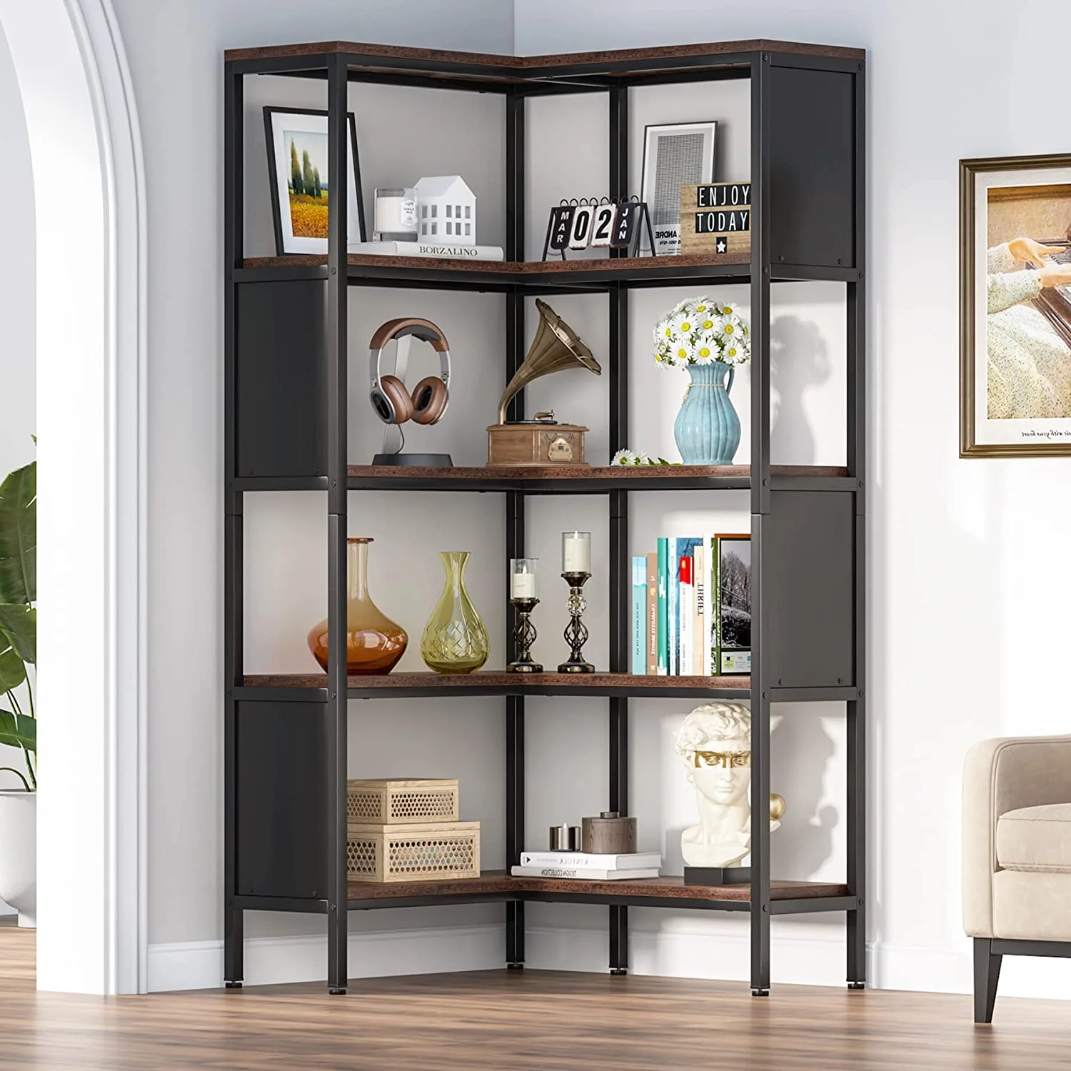 KHBIULIFE 5- Corner Bookshelf  Industrial 5-Tier L-Shaped Bookcase with Safety Baffles  Large Corner Book Shelves  Display Rack for Home Office