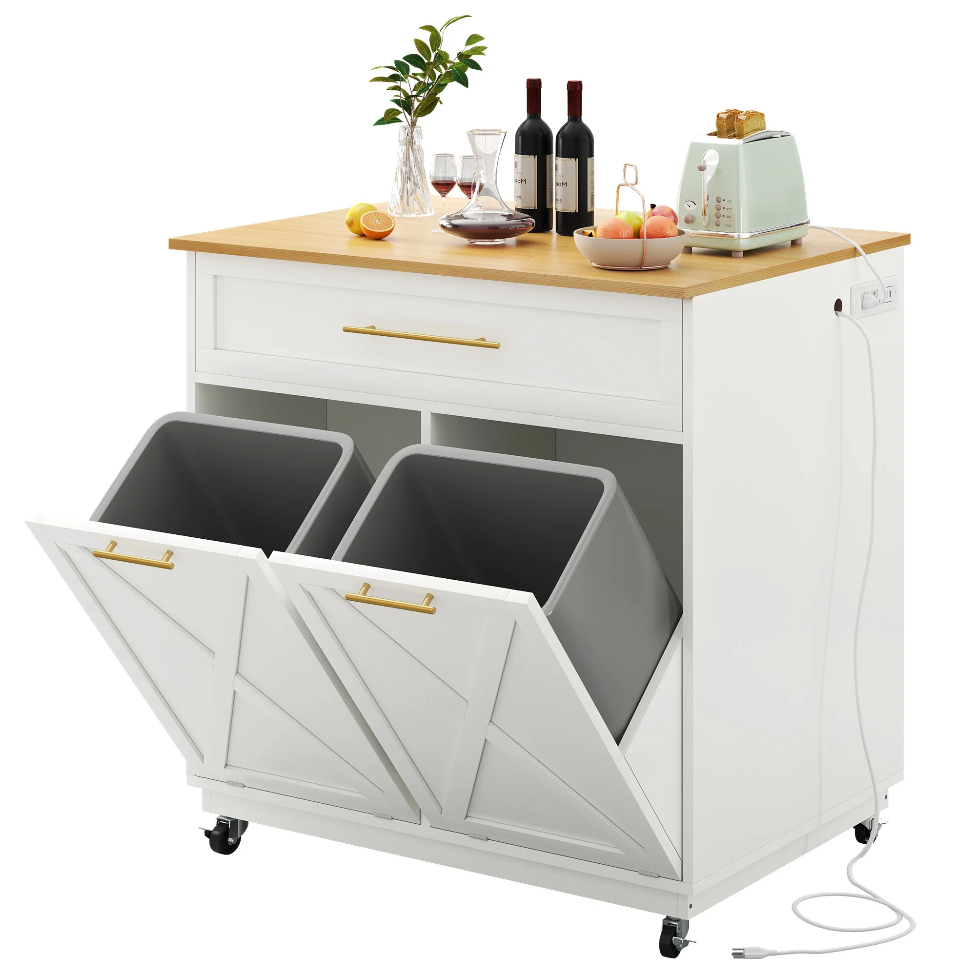 Dextrus Kitchen Island Cart, 39" Kitchen island with 10 Gallon Double Tilt Out Trash Can and Charging Station