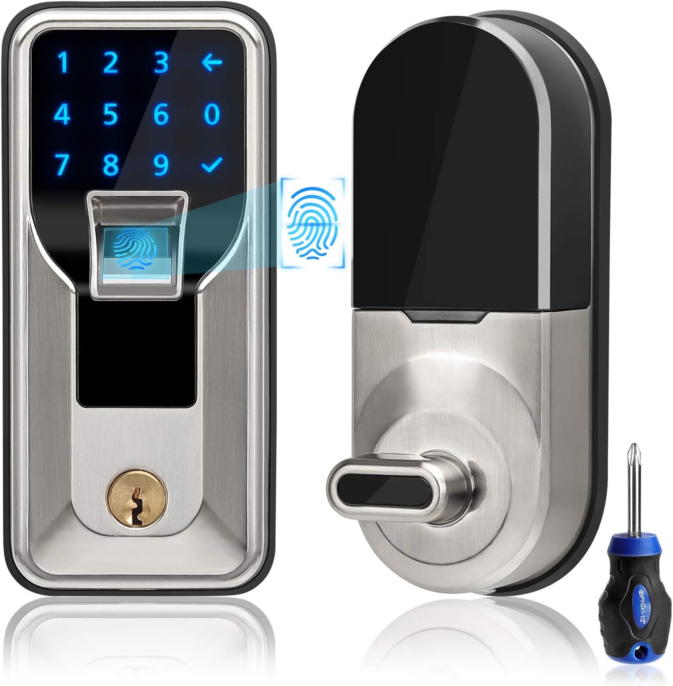 iMagic Electronic Fingerprint Deadbolt, Keypad Entry Door Lock, LED Touch Screen Keypad Lock with Built-in Alarm, One-Touch Locking and Back up Key