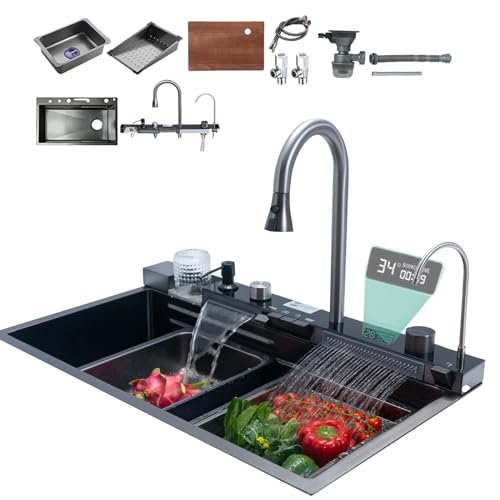Kitchen Sink with Dual Waterfall Outlets,Digital Kitchen Sink with Cup Washer,Smart Sink with Pull-Out Faucet,304 Stainless Steel Kitchen Sink