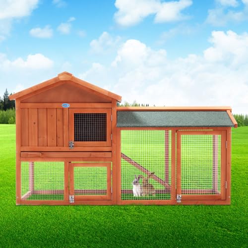 COZIWOW Fashion Durable Wooden Rabbit Hutch Indoor with Removable Tray & Ramp, Bunny Cage Outdoor