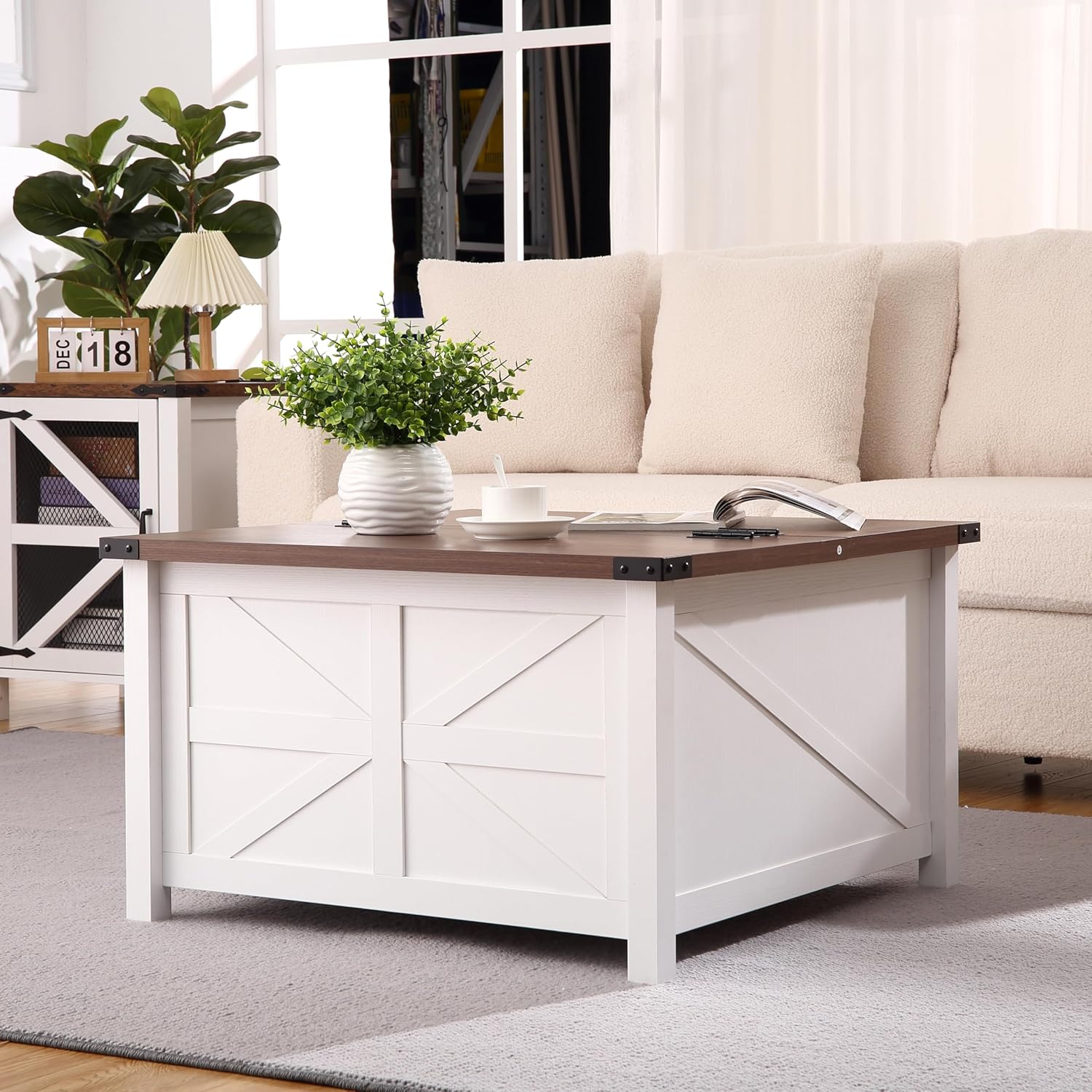 Farmhouse Square Coffee Table, Wood Center Table with Large Hidden Storage Compartment for Living Room
