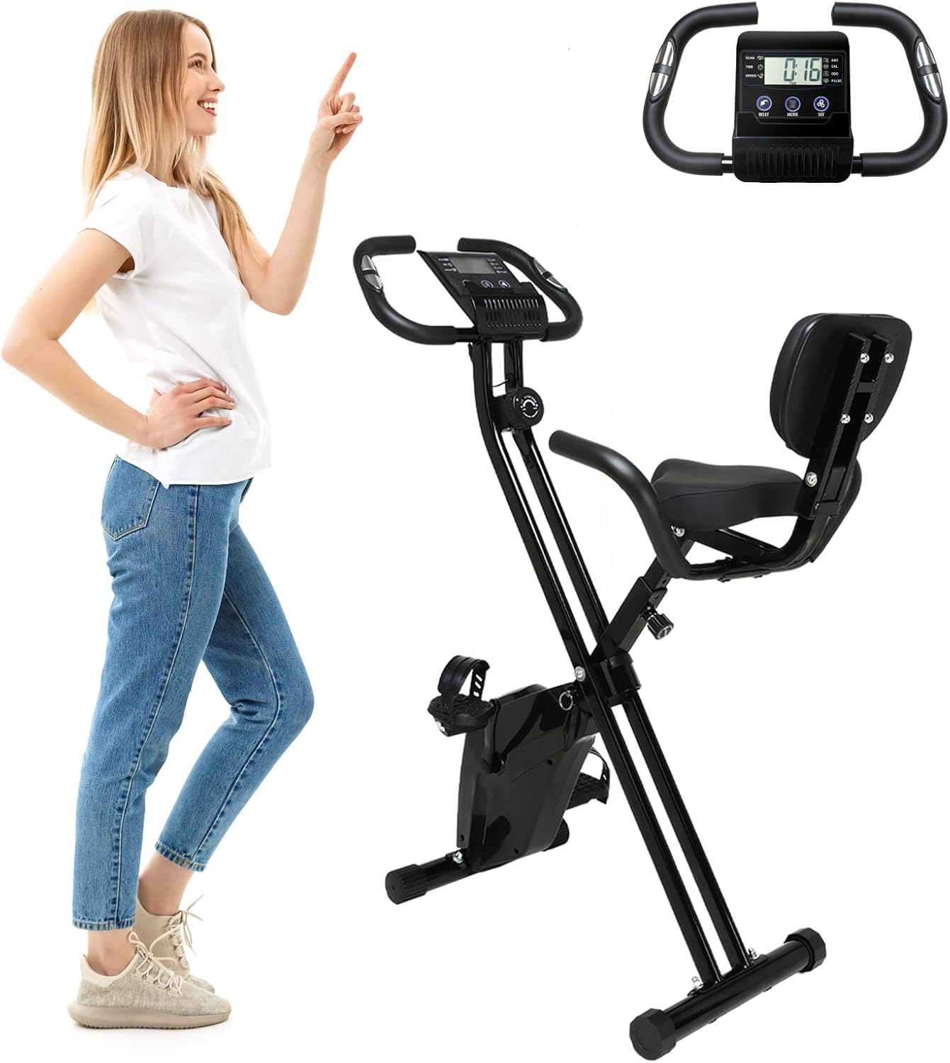 Stationary Bikes Folding Magnetic Upright Exercise Bikew/LCD Screen, Adjustable Comfortable Seat