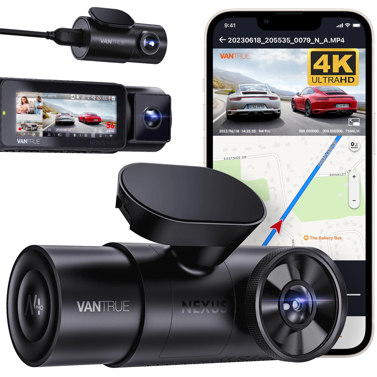 Vantrue N4 Pro 3 Channel 4K WiFi Dash Cam, STARVIS 2 IMX678 Night Vision, 4K+1080P+1080P Front Inside and Rear Triple Car Camera, Voice Control, GPS