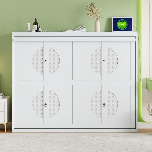 Ball & Cast Murphy Bed Queen Size Wall Bed with Sofa,Hideaway Cabinet w/Shelves USB & Light,can be Folded Bedframe,Glass Cabinet and Retro Handle