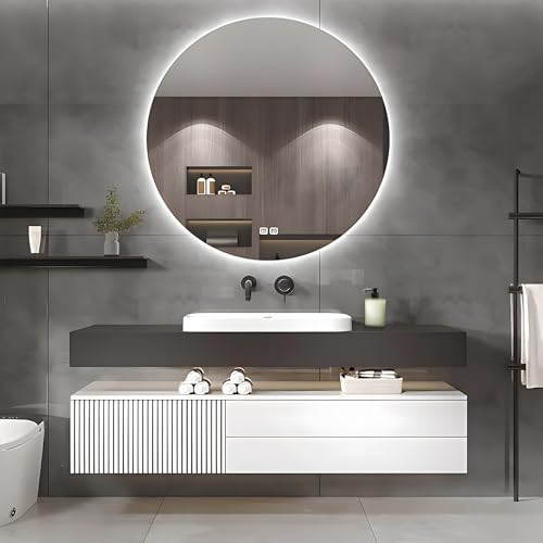 Bathroom Vanity - Floating Bathroom Vanity with Sink & Round LED Defog Mirror with Lights, Modern Bathroom Vanity with Drawer and Floating Shelf