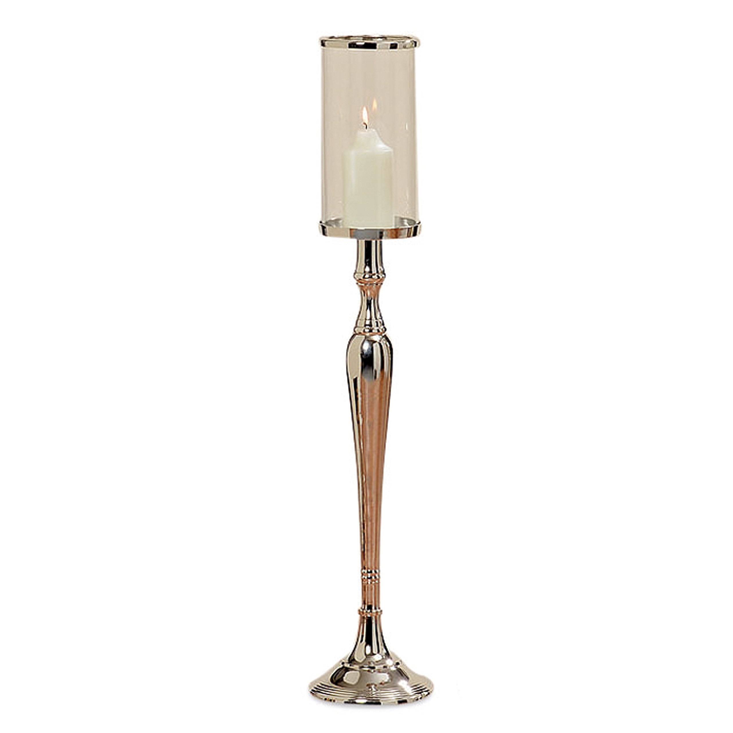 Whole House Worlds The Old World Luxurious Grand Hotel Pillar Candle Holder with Glass Sleeve, Silver Aluminum Nickel, 43 Inches